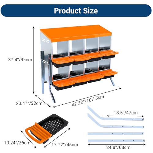 Chicken Nesting Box，Orange 8 Hole Chicken Laying Box with Bracket, Tray for Egg Collection, Large Holes for Ventilation, Suitable for Chickens & Ducks - color: Orange, size: 8 Holes with legs