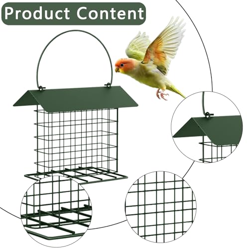 Suet Cake Bird Feeder Outdoor Hanging Metal Wire Wild Bird Feeder Fat Ball Food Feeder with Metal Roof and Platform Outside Cake Suet Feeder Rainproof(Green) - color: Green