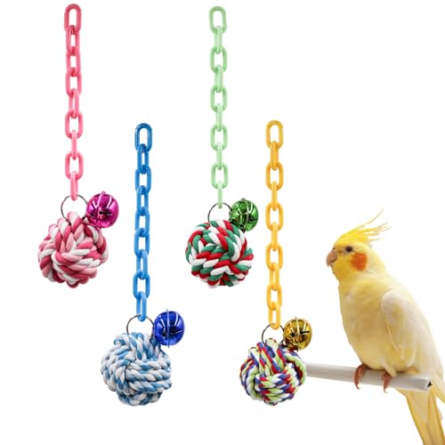 4-Pack Colorful Bird Chew Toys – Cotton Rope Balls with Chains & Bells for Small/Medium Parrots | Shredding & Play Enrichment for Budgies, Cockatiels, Lovebirds, Conures