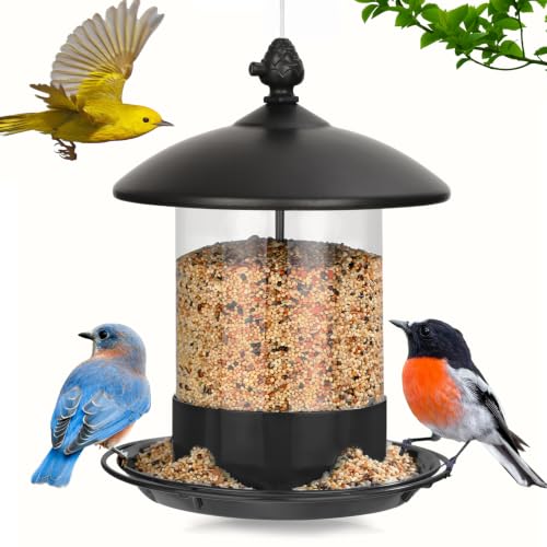 Gbekery Metal Bird Feeders for Outdoors Hanging, Weather Resistant Wild Bird Feeder with 360 Degree Feeding Tray, Black - color: Black