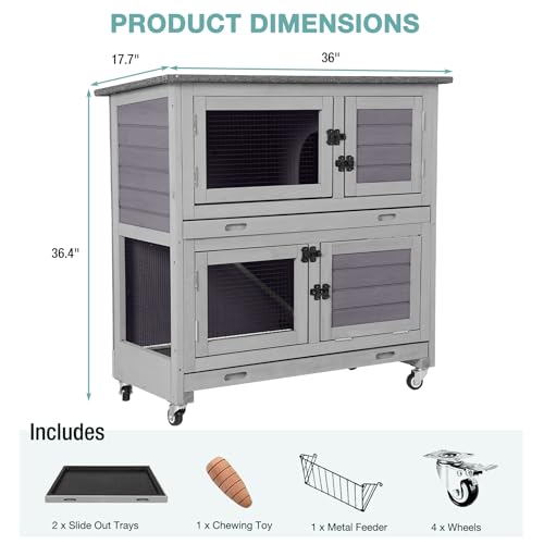 Suumerpety 2-Tier Wooden Rabbit Hutch Indoor Bunny House Guinea Pig Cage with Sliding Plastic Trays Wheels for Easy Cleaning Ventilation Design and Mobility, 36 Inch Small Animal Home (Grey, M) - color: Light Grey