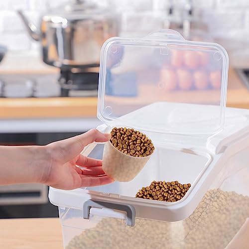 4 Pcs Rice Storage Container 22 lb Airtight Flour Container with Wheels Measuring Cup Clear Pet Food Cube Dog Cat Birds Food Bin Grain Cereal Organizer Box for Dry Baking Supplies(White Lid) - color: White Lid, size: 22 lb