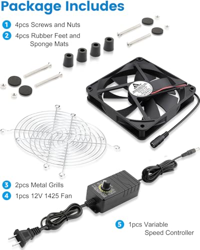 GDSTIME 140mm Computer Fan with AC Plug Variable Speed PC Fan w/Controller | 110V 120V 220V, High Speed, for Xbox, Biltong Box, Keezer, Grow Tent, Reptile Cage, DIY Cooling Ventilation Exhaust Projects - size: 1425 w/ Speed Controller