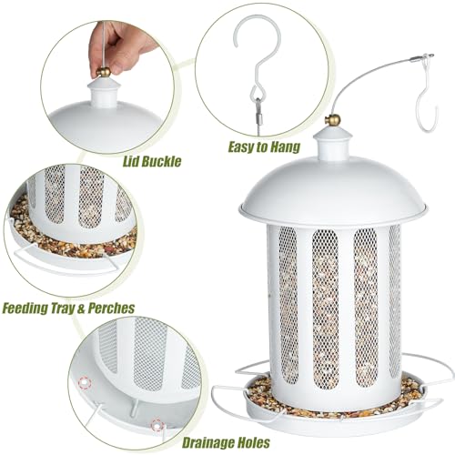 Bird Feeder, 4LB Large Capacity Bird Feeders for Outdoor Hanging | Heavy Duty Metal, 4 Perches, With Drain Holes, Wild Birdfeeder, For Outside Garden Yard Decor, Retro Lantern Shape - color: White
