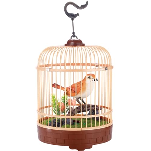 PowerTRC Singing & Chirping Bird in Cage, Realistic Sounds & Movements, Sound Activated, Battery Operated, Great Desk and Room Accessory, Pet Caged Bird Toy (10” x 7”) - color: #4 Orange