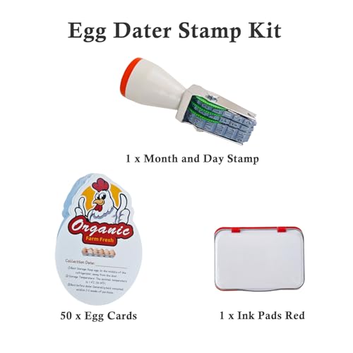 Egg Dater Kit, 1 Date Stamp（Month&Day）, 1 Red Fade-Resistant Ink, 50 Farm Fresh Eggs Instructions, for Chicken Duck Turkey Goose Eggs - color: Red