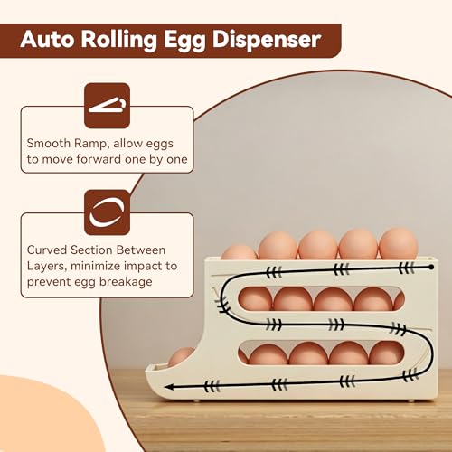 Egg Holder for Fridge - 3 Tiers Auto Rolling Egg Dispenser for Countertop Refrigerator, Kitchen Space-Saving Eggs Roller Storage Container Tray, 2 Packs for 32 Count, Cream - color: Cream