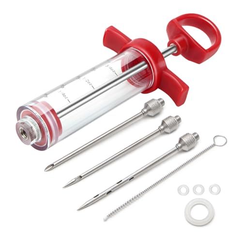 Meat Injector, 1-oz Plastic BBQ Marinade Injector Kit, Turkey Injector Syringe (3 Stainless Steel Meat Needles +3 Replacement O Rings + 1 Cleaning Brush) for Turkey Smoked BBQ Grill