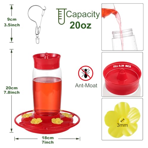 Plastic Hummingbird Feeder 2 Pack 20oz Ant-Moat Bee-Proof Outdoor | Wide Mouth Easy Clean, 6 Bee-Proof Feeding Ports, Leak Proof, Stainless Steel Hook, for Backyard Garden Patio