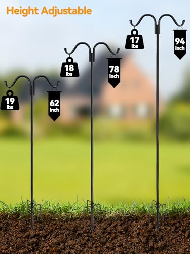 Heavy Duty Double Shepherds Hook for Outdoor, Stable 5-Prong Base, 62 inch Adjustable Height Garden Pole for Bird Feeder, Hanging Plants, Solar Lights, 11/16" Thick Metal Hummingbird Feeder, Anti-Rust - size: 62", Double Hooks