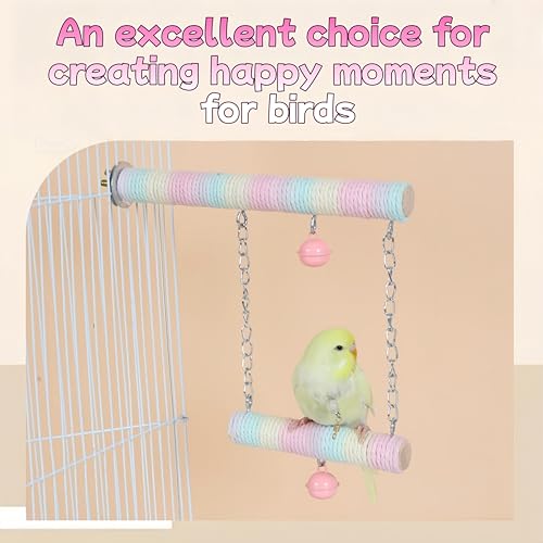 Parrot Swing A Standing Pole, Colorful Cotton Rope Wooden Swing with Metal Chain and Clasp（1Pcs）
