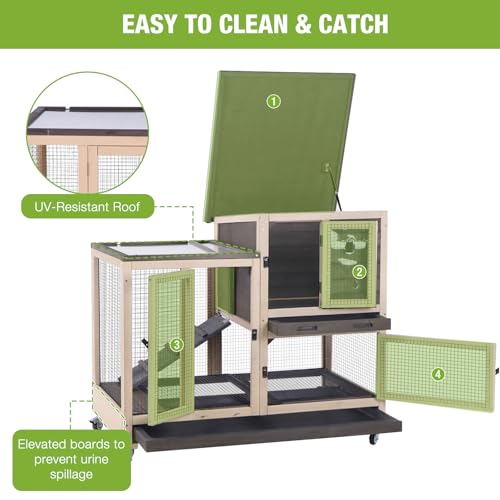 GUTINNEEN Rabbit Hutch Wooden Rabbit Cage on Wheels 2 Story Guinea Pig Cage with Urine Guards,Pull Out Tray(Coffee Color) - color: Coffee Color