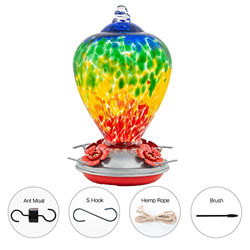 Hummingbird Feeders, 34OZ Hand Blown Glass Hummingbird Feeder for Outdoors Hanging with Ant MoatHooks, Perfect for Gardening Yard Patio Decor Gifts (Rainbow) | Decorative Self Hanging Nectar Bird Feeder for Hummingbirds, Garden Patio Yard Use - color: Rai