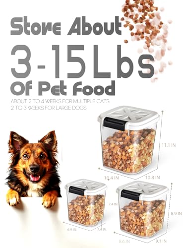 20 lb Stackable Pet Food Storage Containers, 3 Pack | Three stackable airtight bins hold 4, 6, and 10 lb for 20 lb total; includes 3 measuring cups and clear BPA-free bodies. - color: 20LBS-3Pack-White-2