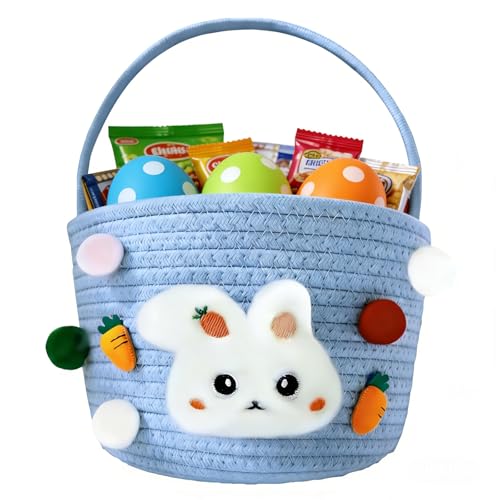 Easter Bunny Baskets for Kids, Baby Easter Empty Egg Basket with Handle, Woven Rope Cute Treasure Egg Hunt Baskets for Boys Girls Toddler, Easter Gifts, Blue - color: Blue