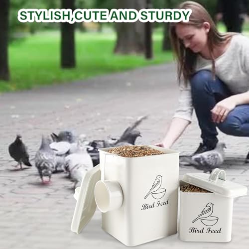 Set of 2 Metal Bird Seed Storage Container,Combined 8lbs Bird Seed Container with Scoop,Wild Bird Food Bins for Storing Sunflower Seed-Sturdy and Squirrel proof-6''x9''+5''x5''-White