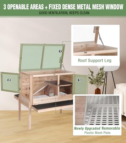 Guinea Pig Cage Indoor with Chew-Proof Edges, Clean Deep Tray | Rabbit cage with leakproof PVC layer, detachable legs, openable roof, multiple ventilated doors, Wooden - color: Natural Wood