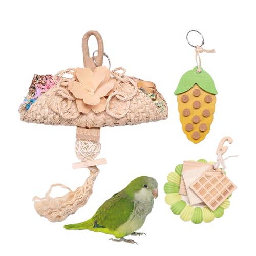 Parrot Chew Toys Set - Natural Wood & Loofah Toys with Plant-Based Dyes, 3 Pack Bird Chew Toys for Cockatiels, Conures & Small Parrots for Cage Enrichment (3 Pieces of Green Series) - color: 3 pieces of green series