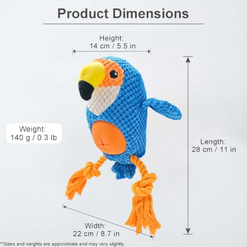 Blue Parrot Bird Dog Chew Toy, 11.0 in, Squeaker Rope Treat Toy | Pineapple Fleece, PP Cotton Filled, Nylon Reinforced Rope, Crinkle Paper, Bite Resistant, Interactive Play, Small Medium Dogs - color: Blue Parrot