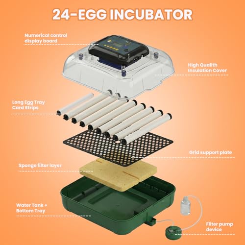 24 Egg Incubator for Hatching Eggs, 360° View Poultry Incubator, Automatic Egg Turning, Temperature & Humidity Display, Auto Water Refilling System, Egg Candler, Multifunctional Egg Tray for Chicken