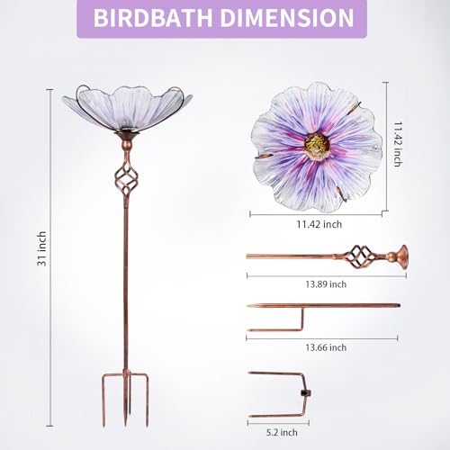 Glass Birdbath Birdfeeder with Metal Stake Garden Outdoor Purple | 31inch height stain glass bird bath for outside,Purple flower bird bath bowl,attract wild birds and beautify outdoor gardens - color: Purple