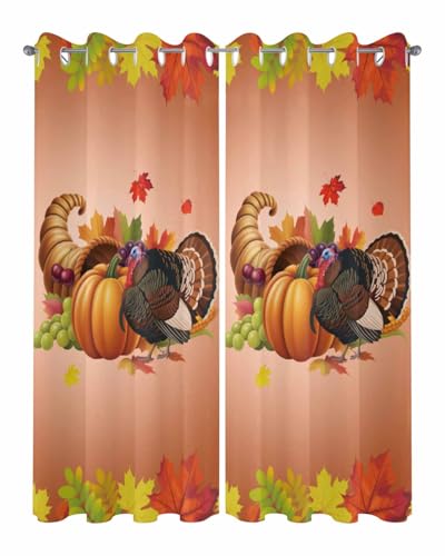 Outdoor Curtain for Patio, Orange Pumpkin Fall Waterproof Blackout Curtain for Porch/Pergola/Gazebo, Thanksgiving Botanical Turkey Thermal Insulated Drapes for Cabana, 2 Panels, 54 x 108 Inch - size: 54"W x 108"L (Pack of 2)