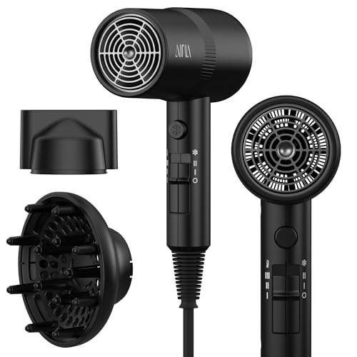 AINA Diffuser Hair Dryer Full-Featured Blow Dryer 110V/1600W(Vader Black) | 3 Heat/2 Speed|Cold shut button|Lightweight|Compact Size|High Temp|Low Airflow|Same Results|Less Expense - color: Vader Black, size: 3 Piece