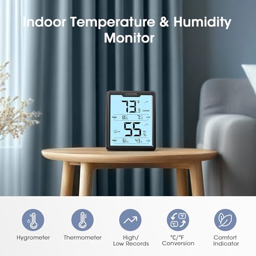 DOQAUS Hygrometer Indoor Thermometer, Humidity Temperature Meter, Black | 3.4in Large LCD Display, Backlight Temp Humidity Monitor with Max Min Records for Home, Bedroom, Baby Room, Greenhouse