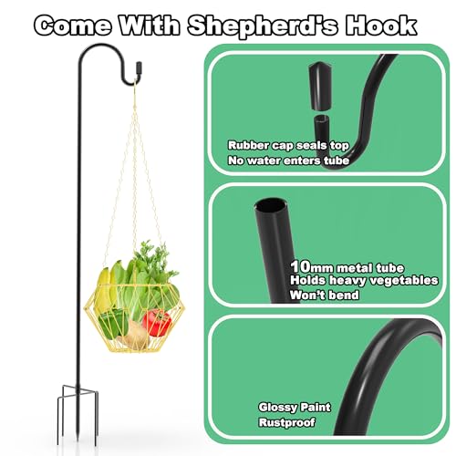 Hanging Chicken Feeder with Shepherd's Hook, Foldable Chicken Vegetable Feeder, Golden Poultry Fruits Feeding Holder Basket with Hanging Chain for Chicken Coop Accessory