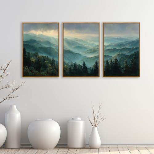 QTUSYUR Sage Green Mountain Wall Art - Large Farmed Pine Forest Landscape Art Print - Abstract Nature Adventure Artwork for Farmhouse Bedroom Living Room- Misty Mountains Triptych Decor 16”×24”×3 - style: mountain