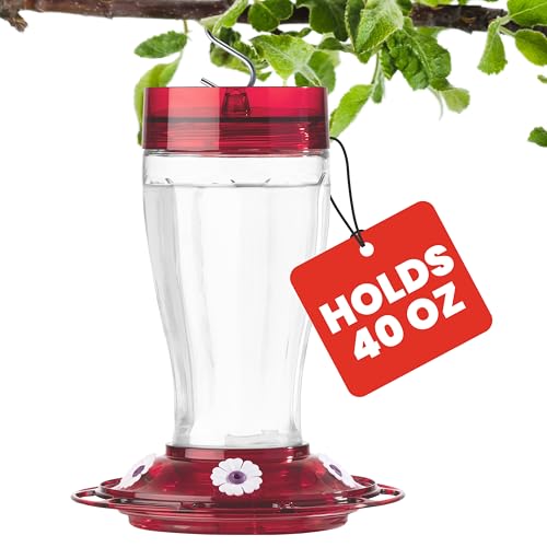 More Birds Bird Health+ Big Gulp Hummingbird Feeder, Glass Hummingbird Feeders for Outdoors, 5 Feeding Stations, 40 Ounces | Built-in Ant Moat, 40 oz Large Capacity, 5 Feeding Stations, BPA-Free Red Base and Top