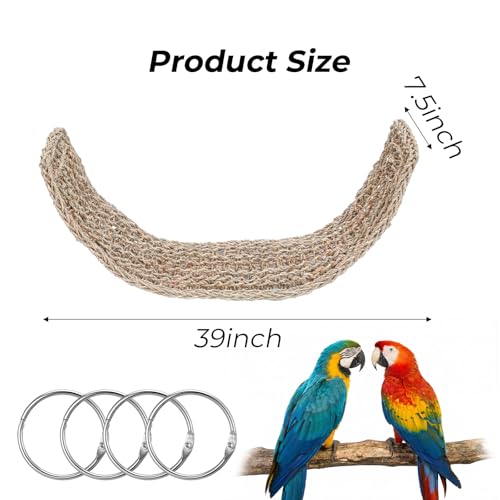 39 x 7.5 Inches Seagrass Mat Natural Woven Net Bird Hammock with Hooks Climbing Rope Ladder Chew Toy Cage Accessories for Parrots Cockatiels Hamsters Rats Guinea Pigs Bearded Dragons