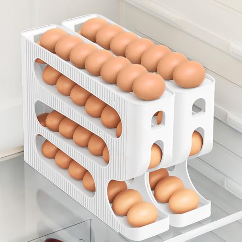 FIFO Egg Holder for Fridge, Egg Organizer for 56 Large Size Eggs | 2-Pack Auto Rolling Egg Dispenser for Refrigerator, Space-Saving Egg Roller/Container/Storage for Kitchen Countertop - color: White, size: 2 Packs