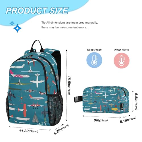 Airplane Plane and Aircraft Backpack with Lunch Bag, School Travel Backpack for Teens Boys Girls Kids Backpacks Set - color: Navy Blue