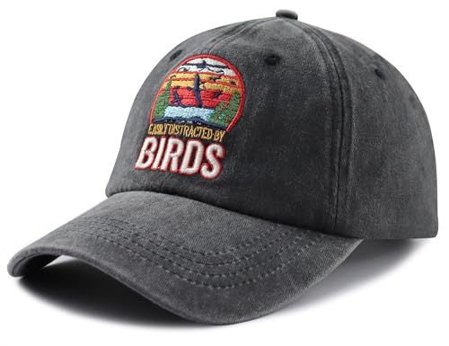 Easily Distracted by Birds Hats for Men Women, Adjustable Cotton Embroidered Birds Watchers Baseball Cap