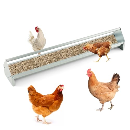45 Inches Long Chicken Feeding Trough, Heavy Duty Galvanized Steel Chicken Feeder with Crossbar and Drainage Holes, Large Capacity Poultry Feeder Trough for Duck Geese Pigeon