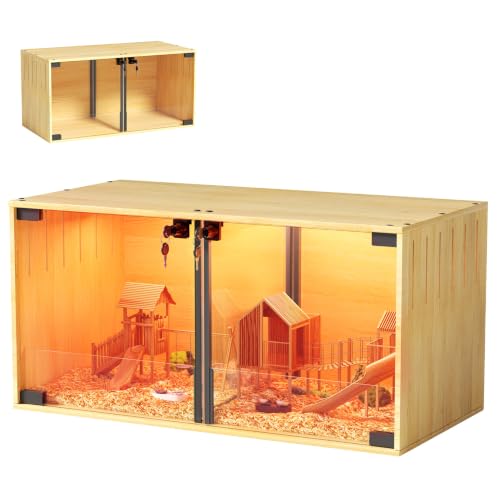 Chicken Brooder Box Lighted: Wooden Glass Hamster Cage with LED | Chewproof with Divider for Chicks Dwarf Syrian Hamster, Gerbil, Rats, Chicks, Ducks, Quails