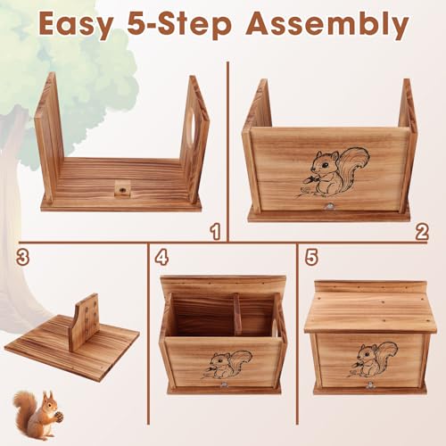 Squirrel House for Outside with Raccoon-Proof Baffle, Carbonized Pine Nesting Box, Outdoor Squirrel Box for Backyard Wildlife
