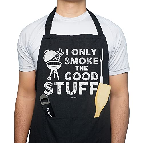VAGAVY 100% Cotton, Black Funny Aprons for Men, Dad, Husband - Birthday, Father’s Day Grilling Gifts for Papa, Husband. - color: I Only Smoke the Good Stuff - Black