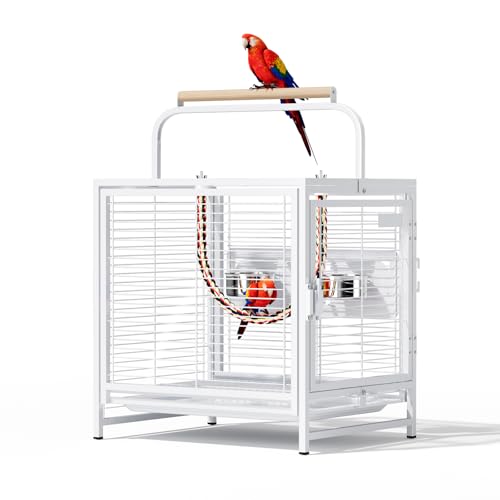 VINGLI Small Bird Cage, 19 inch Travel Carrier Bird Cage with Handle, Wrought Iron Parakeet Cage with Wooden Perch for Parrot Lovebirds Finches Small/Medium Birds (White) - color: White