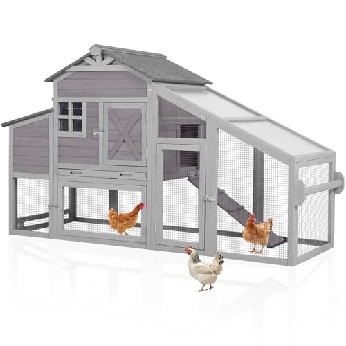 Large Chicken Coop with Wheels for 2-4 Chickens, Reinforced Solid Wood Construction Mobile Chicken House, Waterproof Asphalt Roof,Nesting Box,Ducks (Grey, 73.4" L x 24.2" W x 43.2" H) - color: Grey, size: 73.4"L x 24.2"W x 43.2"H