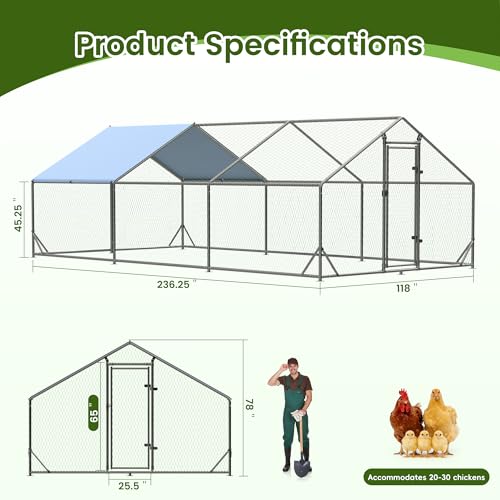 Large Metal Chicken Run Walk-in Poultry Cage Spire-Shaped Chicken Coop with Waterproof and Anti-Ultraviolet Cover for Outside,Backyard and Farm,19.6' L x 9.8' W x 6.4' H - color: Spire-Shaped Roof, size: 235.2"L x 118.0"W x 78.0"H