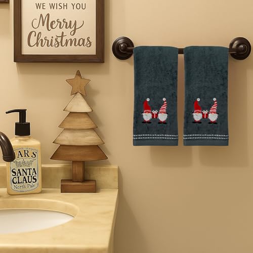 Christmas Gnomes Towel Set: Grey Hand Towels with Red White Embroidery Jolly Nordic Gnome - color: Gnome Friends