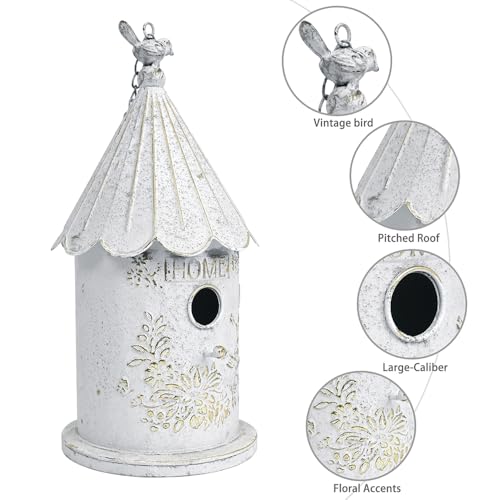 Metal Hanging Birdhouses for Outdoors Bird Houses for Outside Unique Bird Nest for Bluebird Wren Chickadee Sparrow Bird Nest Box for Garden Patio - color: White Gold
