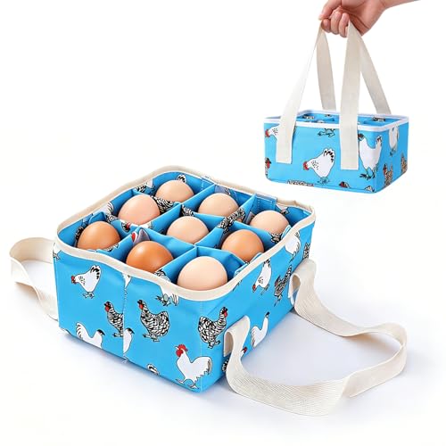Eggs Collecting Basket, Durable Canvas Egg Basket with Plastic Board, 9-Pouch Chicken Egg Holder Bag for Gathering Fresh Eggs, Egg Gathering Basket and Multipurpose Chicken Holder Bag (Blue)