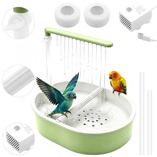 Automatic Bird Bath with Quiet Pump,Parakeet Bird Bathtub for Cage with Adjustable Shower Head & Water Flow Valve,Large Bird Baths Detachable for Easier Cleaning,BPA-Free