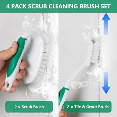 Scrub Brush Set, 4 Pack Deep Cleaning Brush Kit, Green | 2 Scrub Brush, 2 Tile & Grout Brush with Built-in Scraper, Household Commercial Scrubber for Floor, Shower, Pool Wall, Tub - color: Green