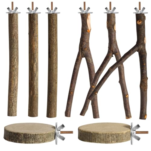 8 Pack 9 Inch Natural Wood Bird Perches for Cage, Wood Parrot Perch | Wooden Parrot Stand Platforms, Hardwood Branches, Climbing & Chew Toy for Bird Cage Accessories, Ideal for Parakeets, Budgies - size: Large Size-8 Pack