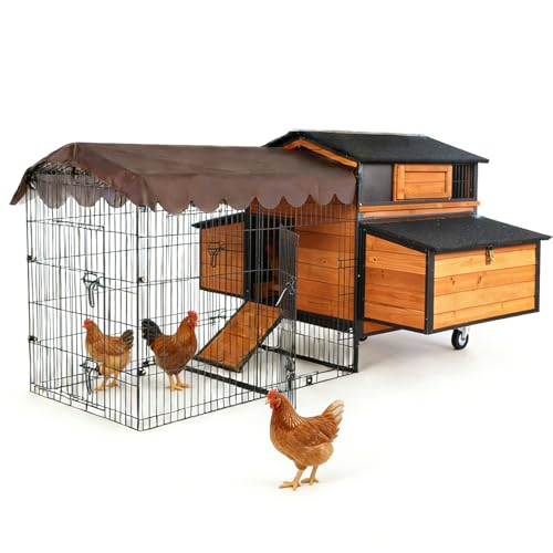 GUTINNEEN Extra Large Mobile Chicken Coop with Run for 6-8 Chickens, Portable Chicken Tractor with Wheels, 76.7" L All-Around Iron Frame Outdoor Hen House, Metal Sliding Tray & 6 Nesting Boxes