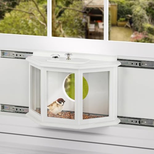 Window Bird Feeder with Secure Locker & Rail Sliding 180° Clear Design Squirrel Proof Bird Feeder for Indoor Window Viewing